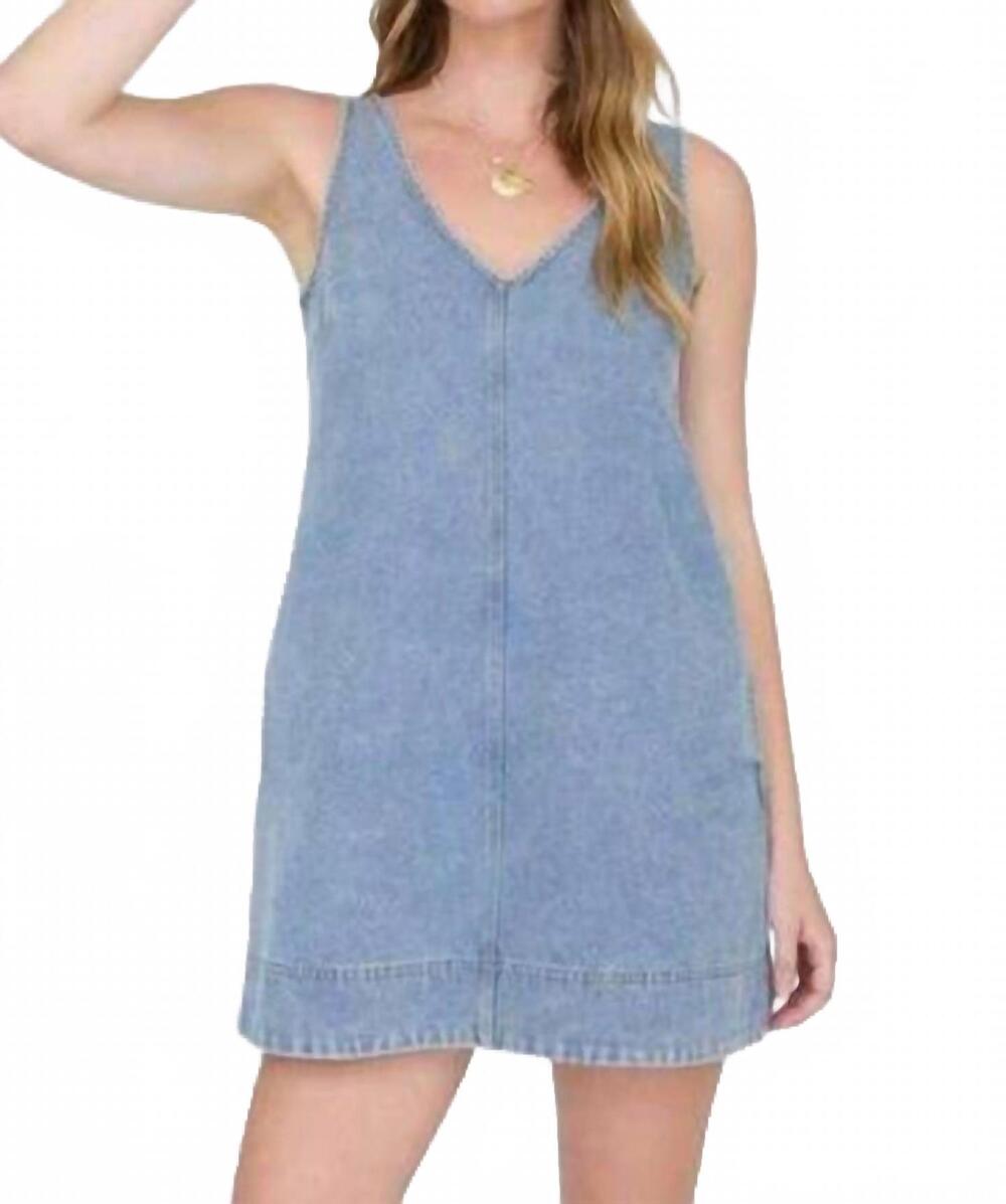 NEW BLU PEPPER washed denim v neck sleeveless mini dress in light blue